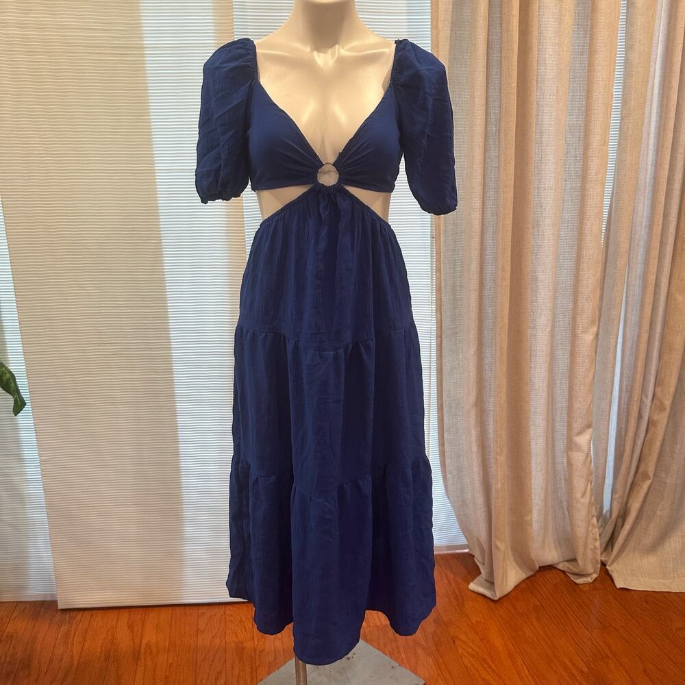 SHEIN Navy Blue Cutout Midi Dress Size S Puff Sleeve Open Back Ring Detail